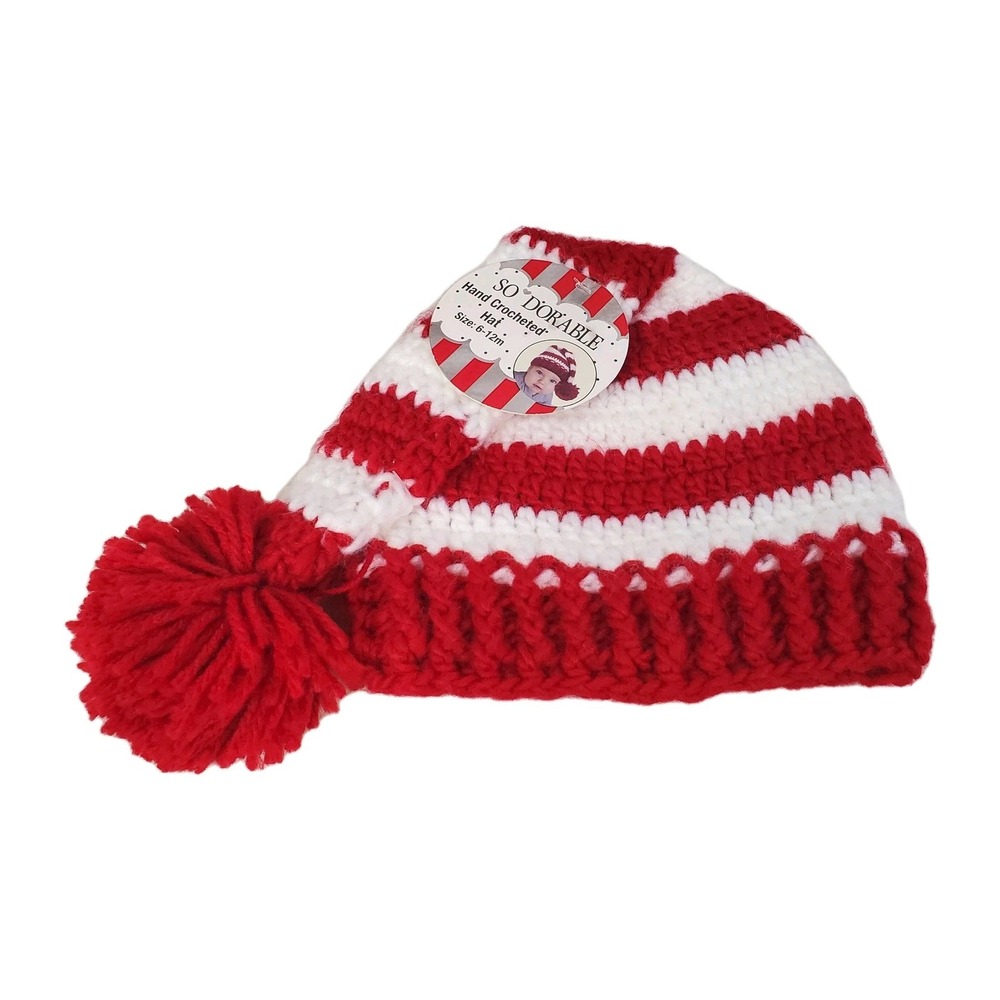 So Dorable Baby Hand Crocheted‎ Hat With Pom Pom Red White 6-12 Months NEW